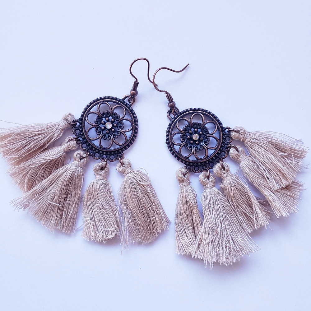 Boho Style Taupe Tassel Earrings